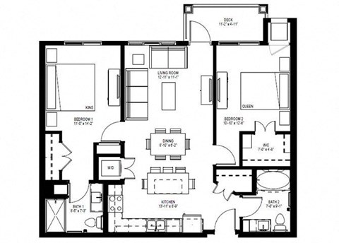 Floor plan for 2 beds, 2 baths, 978 sqft